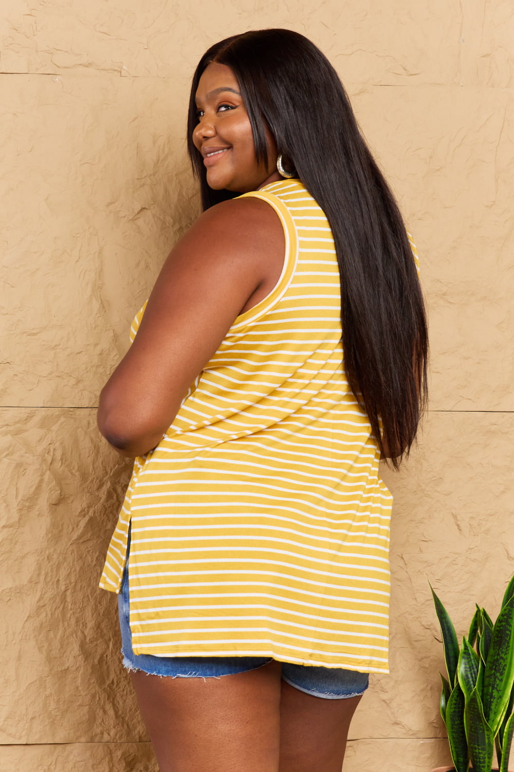Doublju Talk To Me Full Size Striped Sleeveless V-Neck Top - TOPS - Yellow