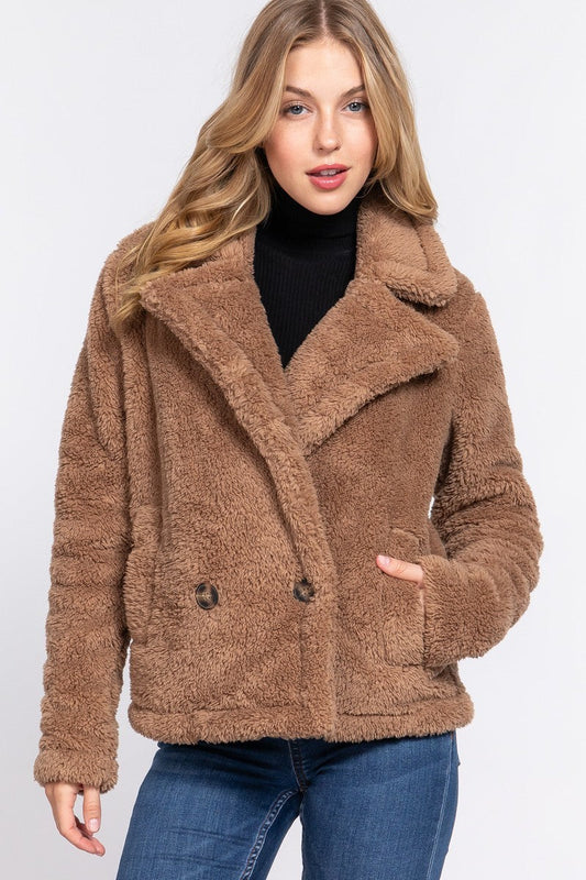 Faux Fur Sherpa Jacket - JACKETS & OUTWEAR - Brown