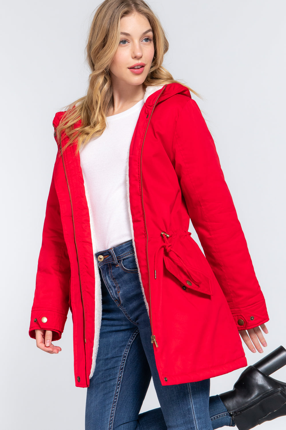 Fleece Lined Fur Hoodie Utility Jacket - JACKETS & OUTWEAR - Red