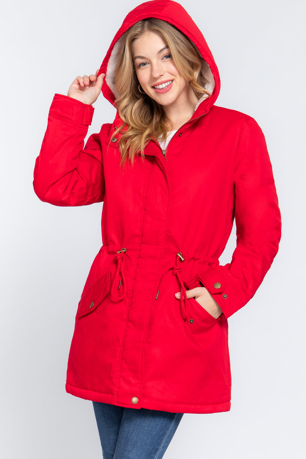 Fleece Lined Fur Hoodie Utility Jacket - JACKETS & OUTWEAR - Red