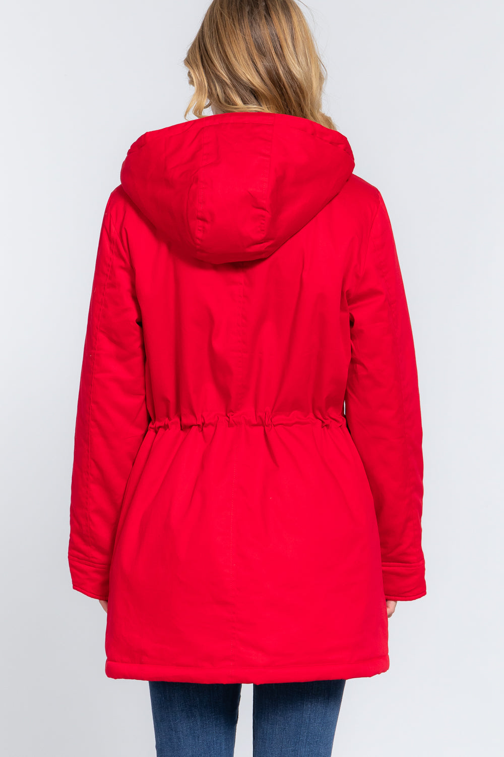 Fleece Lined Fur Hoodie Utility Jacket - JACKETS & OUTWEAR - Red