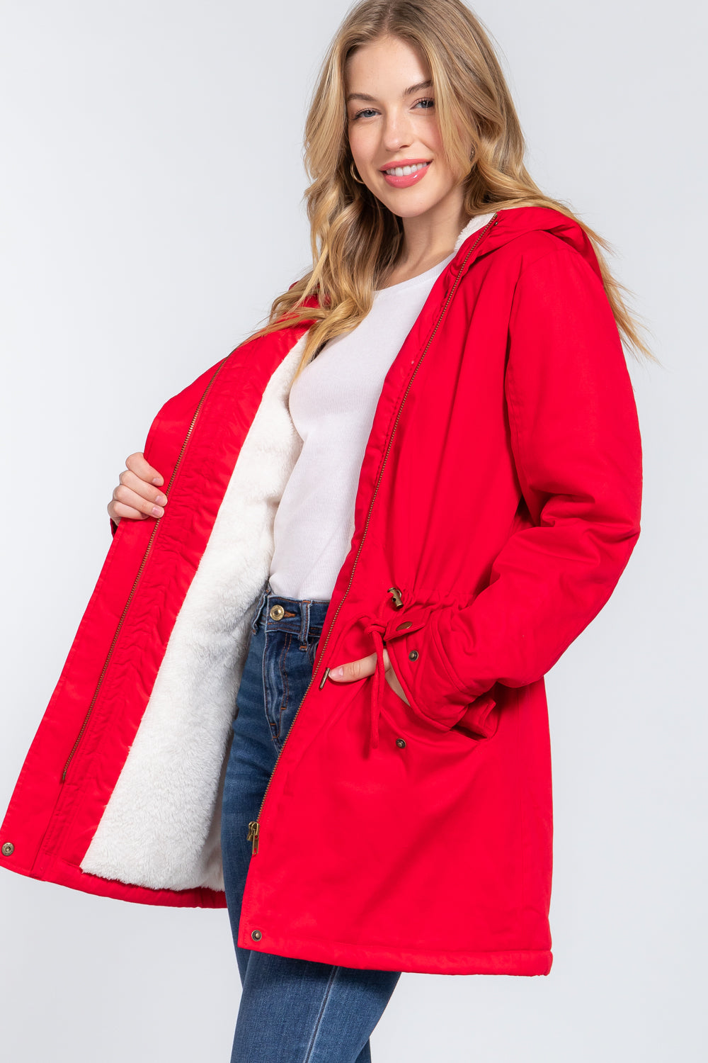 Fleece Lined Fur Hoodie Utility Jacket - JACKETS & OUTWEAR - Red
