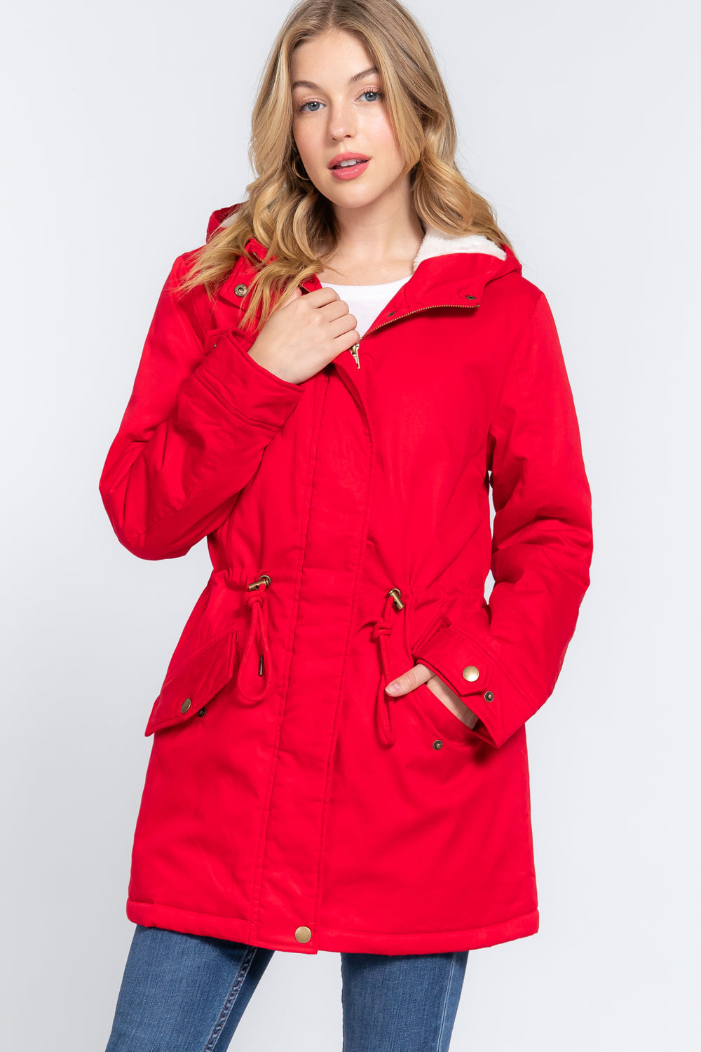 Fleece Lined Fur Hoodie Utility Jacket - JACKETS & OUTWEAR - Red