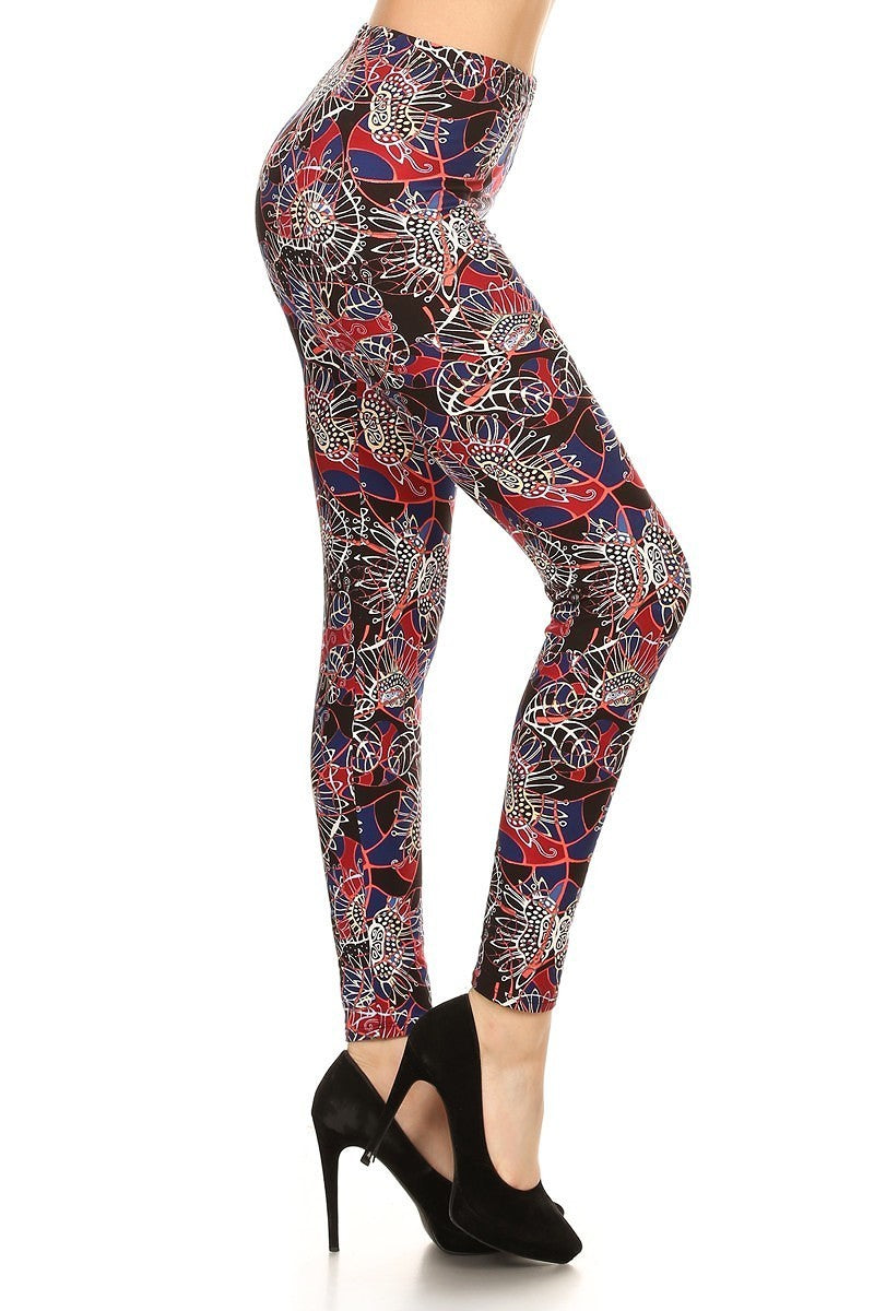 Floral Print High Waist Basic Solid Leggings With 1 Elastic Waistband Smile Sparker
