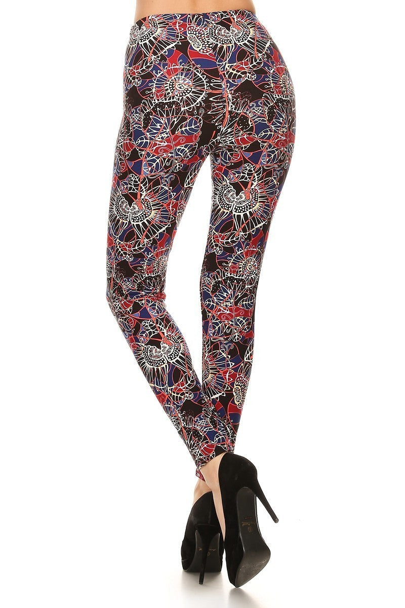 Floral Print High Waist Basic Solid Leggings With 1 Elastic Waistband Smile Sparker