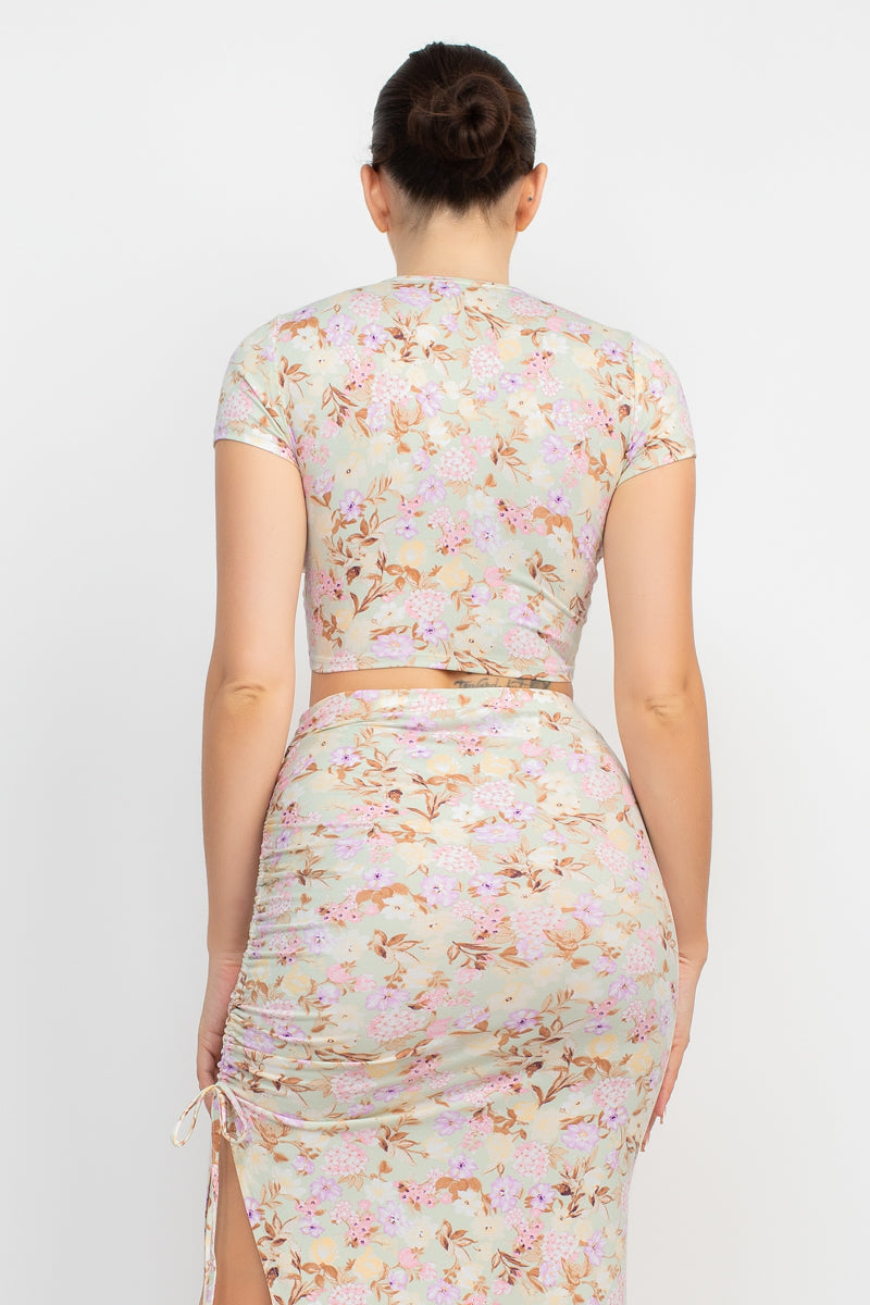 Front Knot Floral Top & Ruched Maxi Skirts Set Smile Sparker