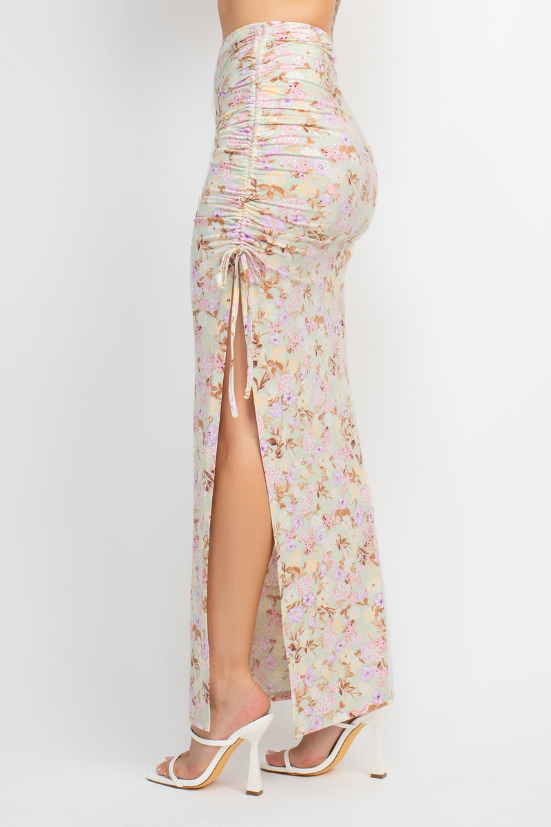 Front Knot Floral Top & Ruched Maxi Skirts Set Smile Sparker
