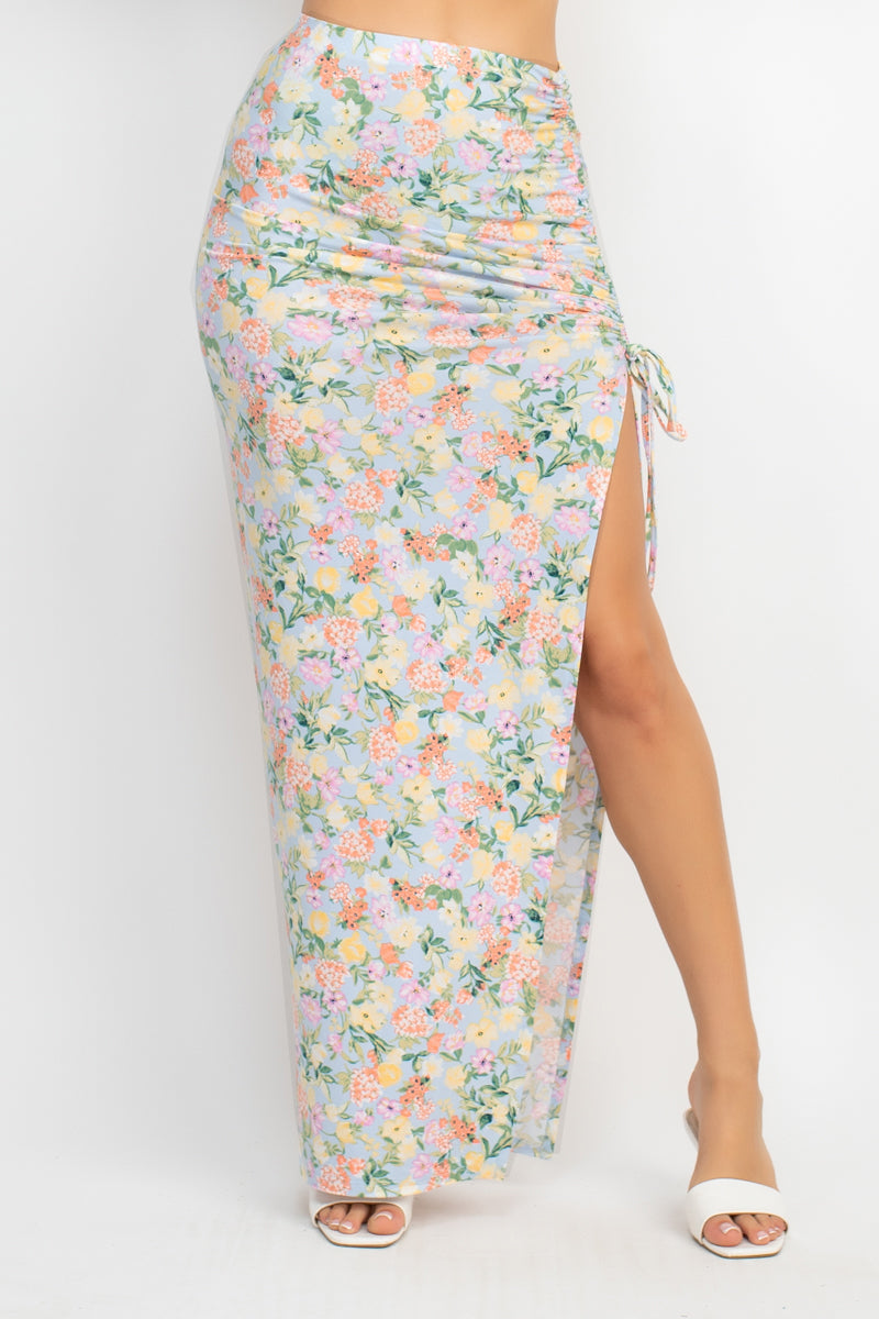 Front Knot Floral Top & Ruched Maxi Skirts Set Smile Sparker