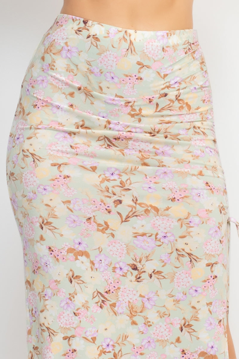 Front Knot Floral Top & Ruched Maxi Skirts Set Smile Sparker