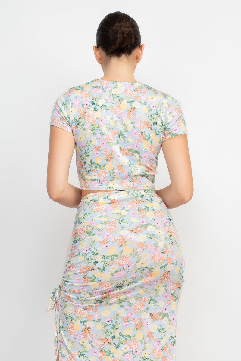Front Knot Floral Top & Ruched Maxi Skirts Set Smile Sparker