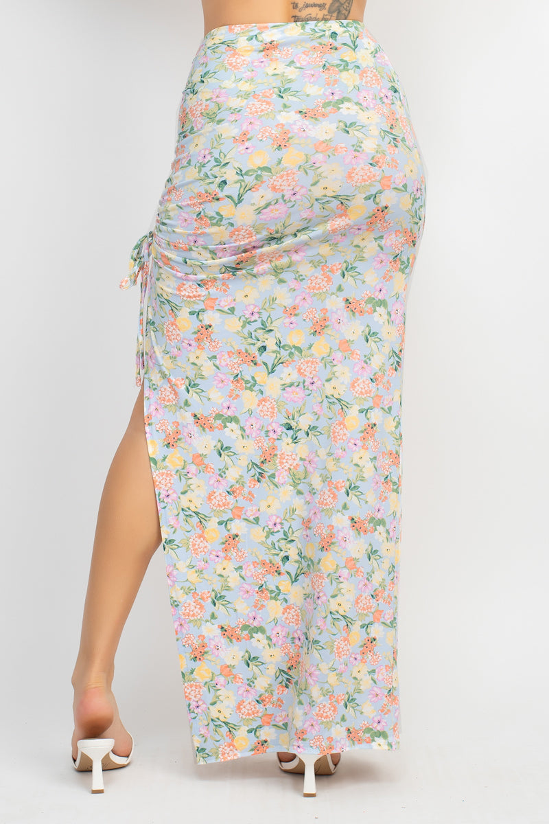 Front Knot Floral Top & Ruched Maxi Skirts Set Smile Sparker