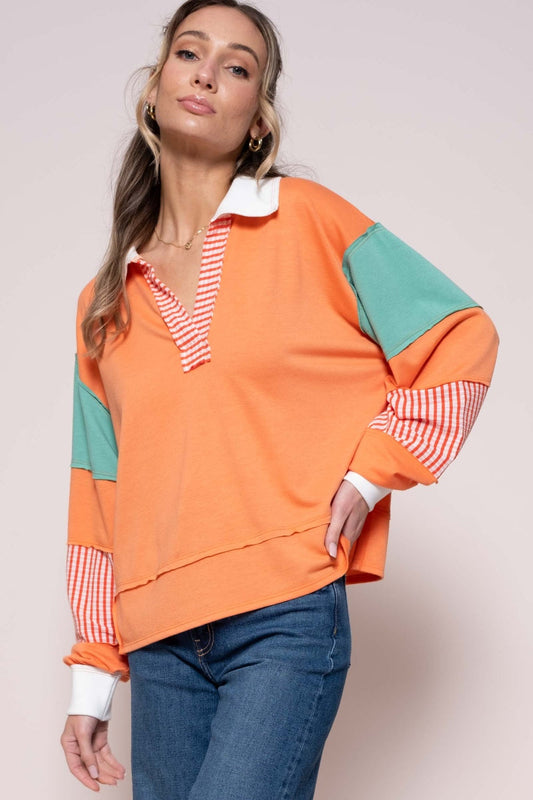 Hailey & Co Color Block Top with Striped Panel - Coral / S - TOPS - Coral