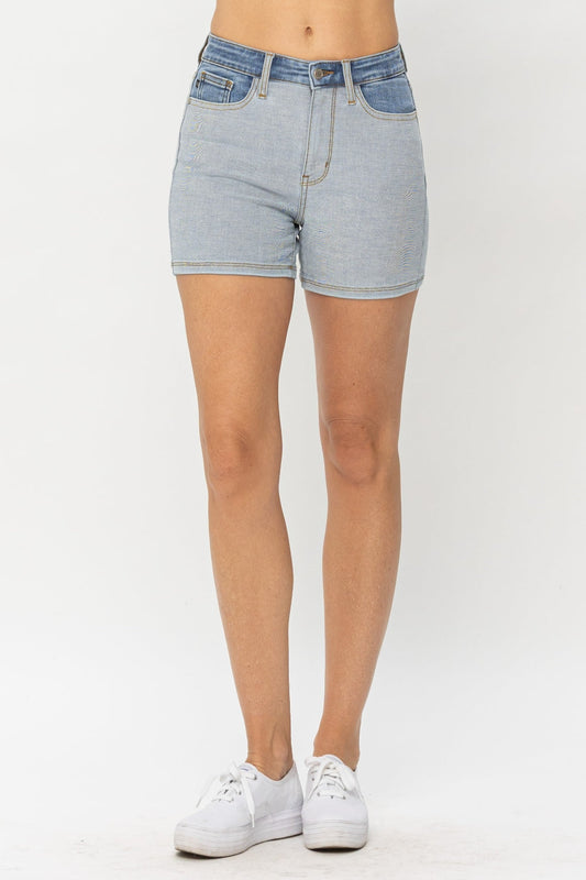 Judy Blue Full Size Color Block Denim Shorts - LT/MD / S - JEANS - Blue