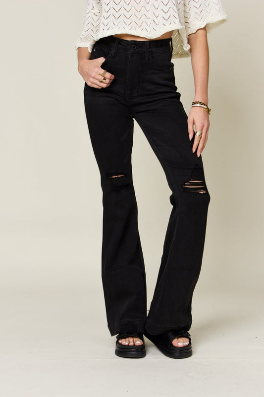 Judy Blue Full Size High Waist Distressed Flare Jeans - Black / 0(24) - JEANS - Black