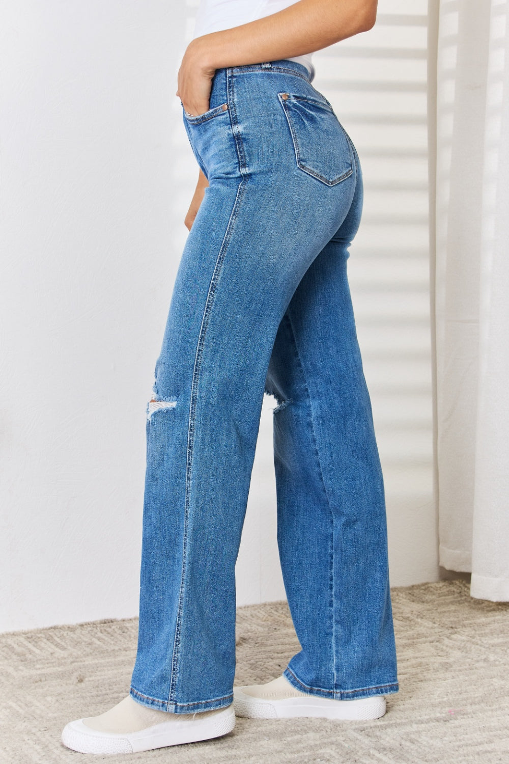 Judy Blue Full Size High Waist Distressed Straight-Leg Jeans - JEANS - Medium Denim