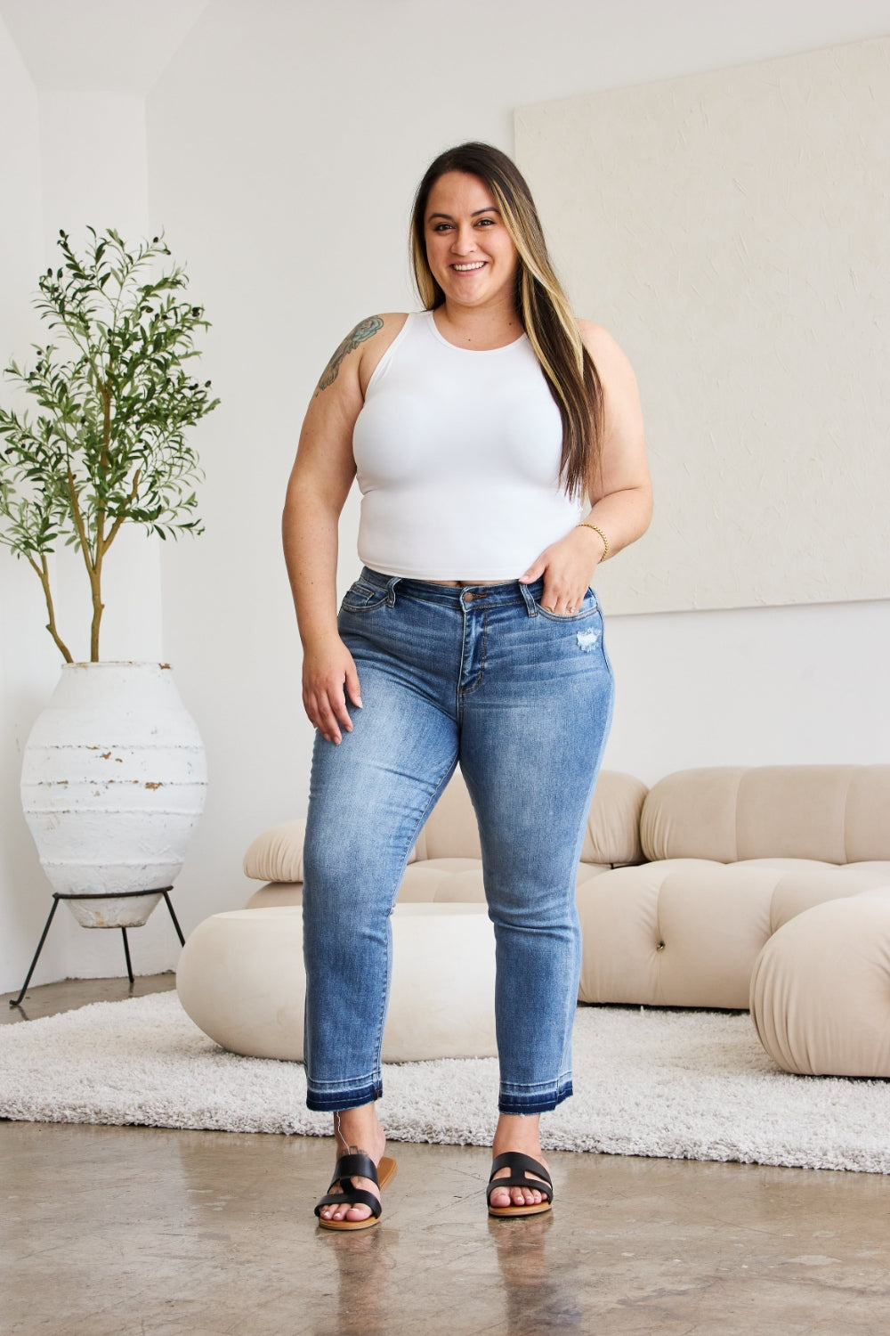 Judy Blue Full Size Release Hem Cropped Bootcut Jeans - JEANS - Medium Denim