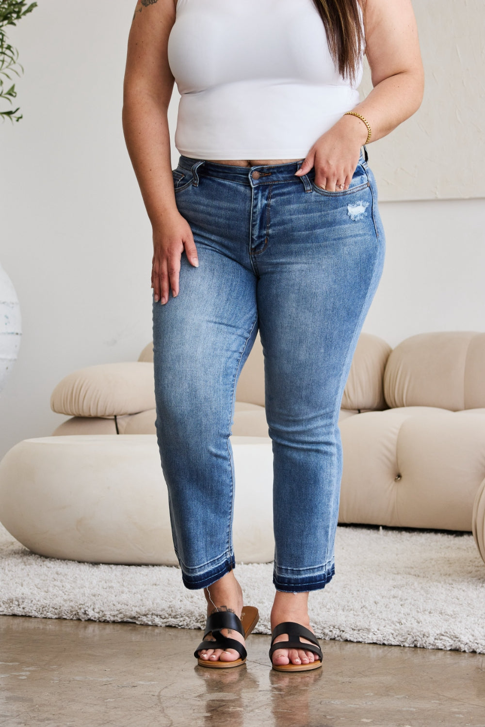 Judy Blue Full Size Release Hem Cropped Bootcut Jeans - JEANS - Medium Denim