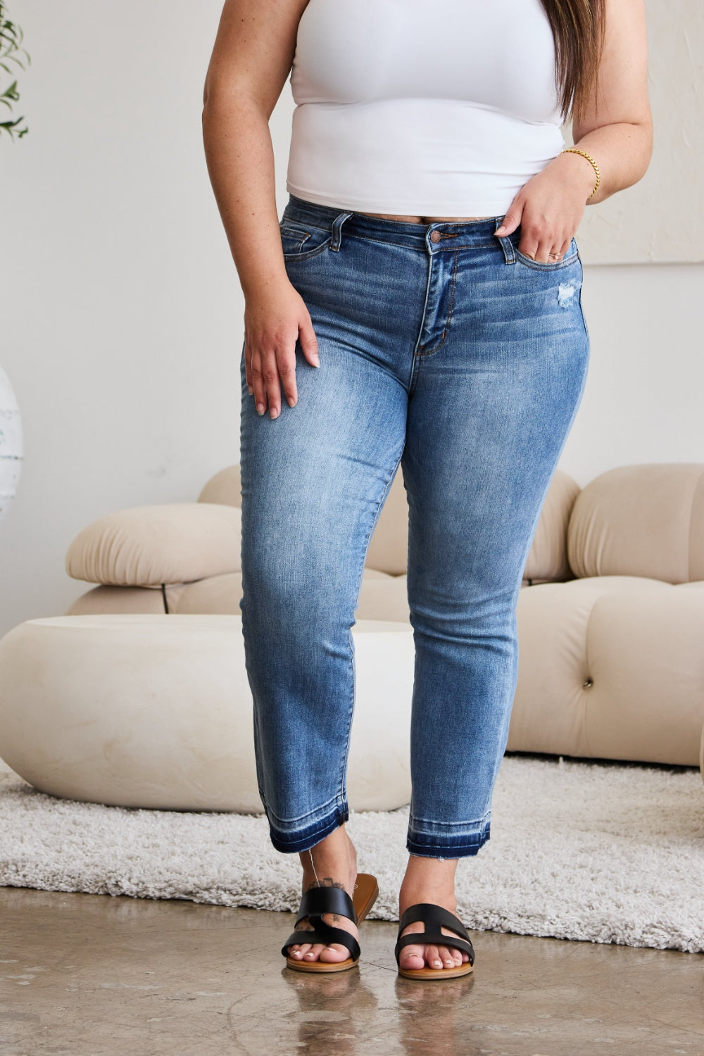 Judy Blue Full Size Release Hem Cropped Bootcut Jeans - JEANS - Medium Denim