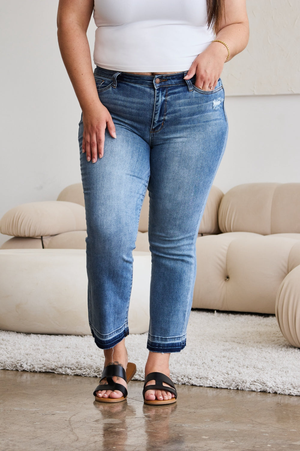 Judy Blue Full Size Release Hem Cropped Bootcut Jeans - JEANS - Medium Denim