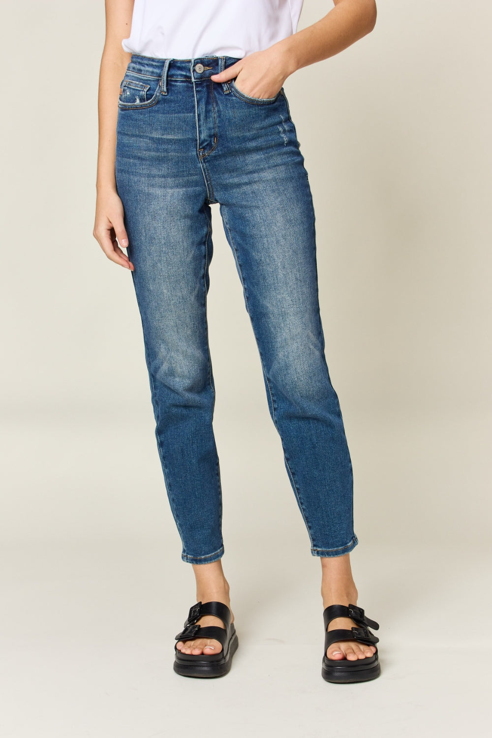 Judy Blue Full Size Tummy Control High Waist Slim Jeans - JEANS - Dark Blue