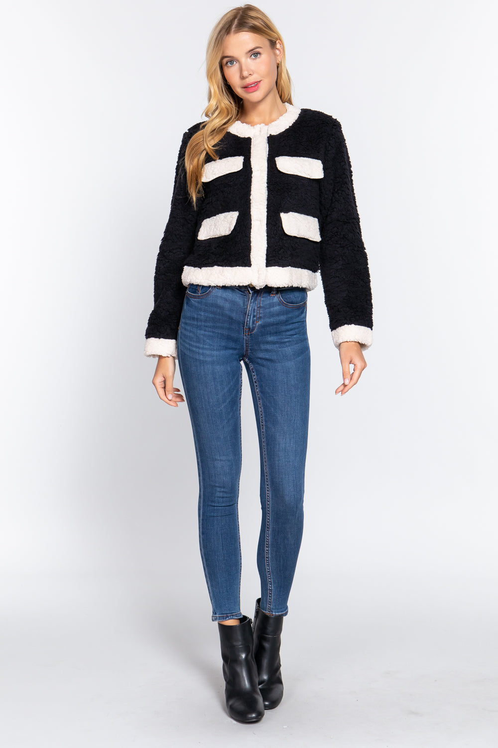 Long Sleeve Pocket Detail Faux Fur Jacket Smile Sparker