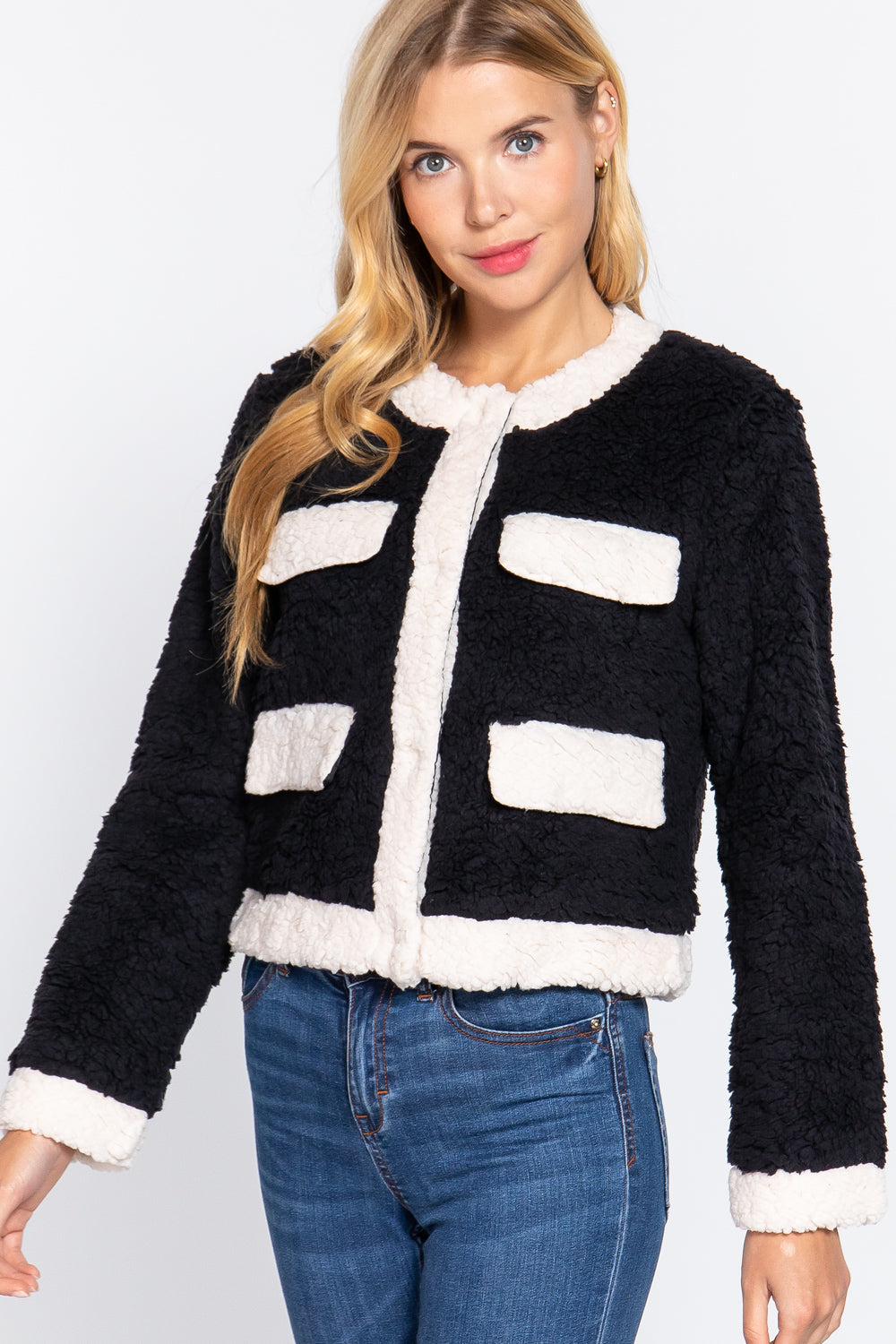 Long Sleeve Pocket Detail Faux Fur Jacket Smile Sparker