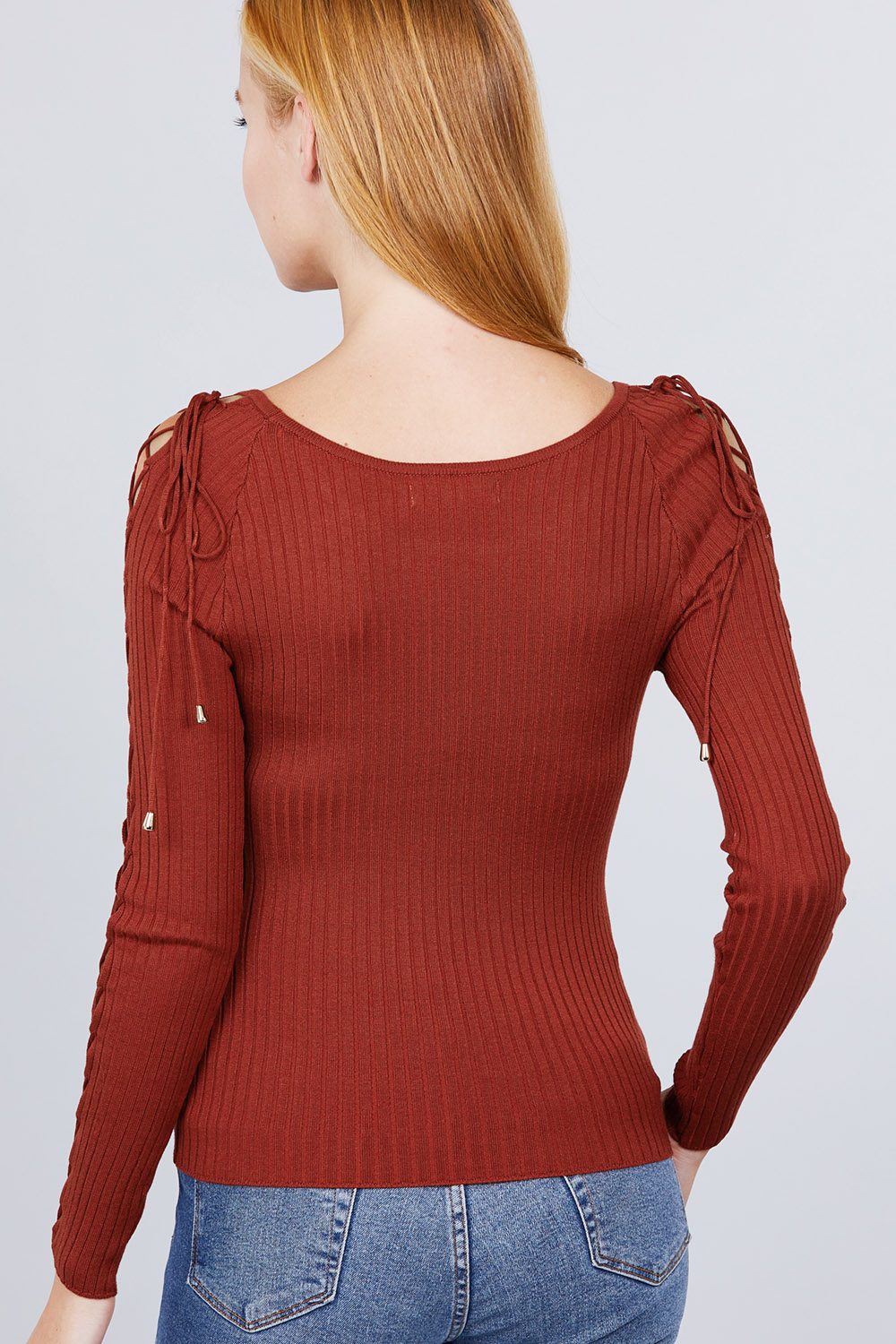 Long Sleeve W/strappy Detail Round Neck Rib Sweater Top Smile Sparker
