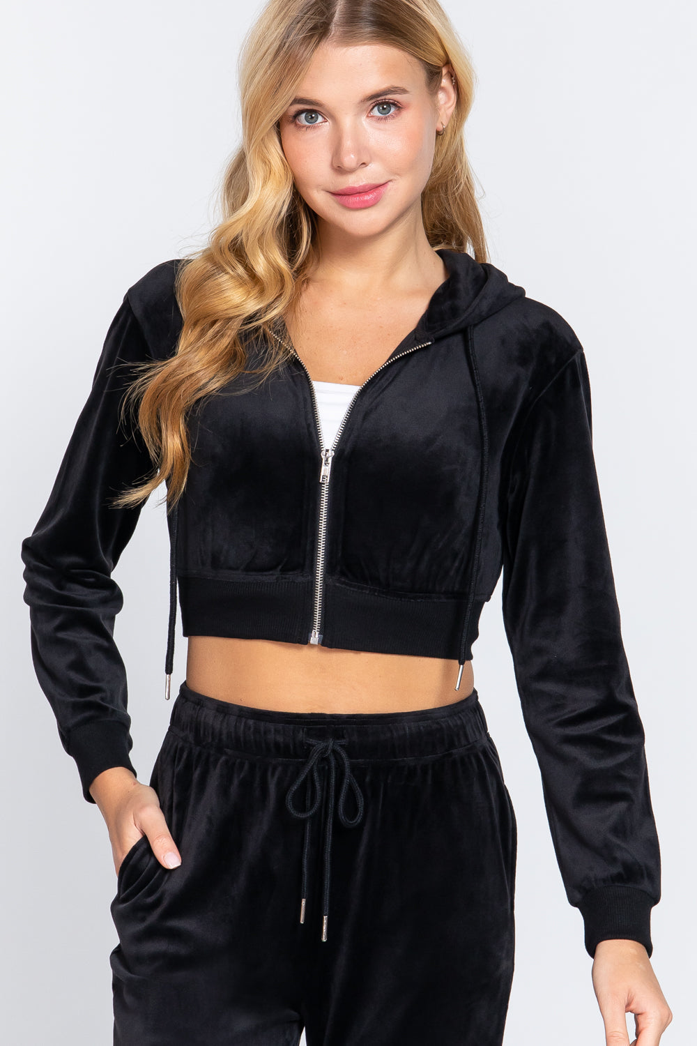 Long Slv Velour Hoodie Crop Jacket - JACKETS & OUTWEAR - Black