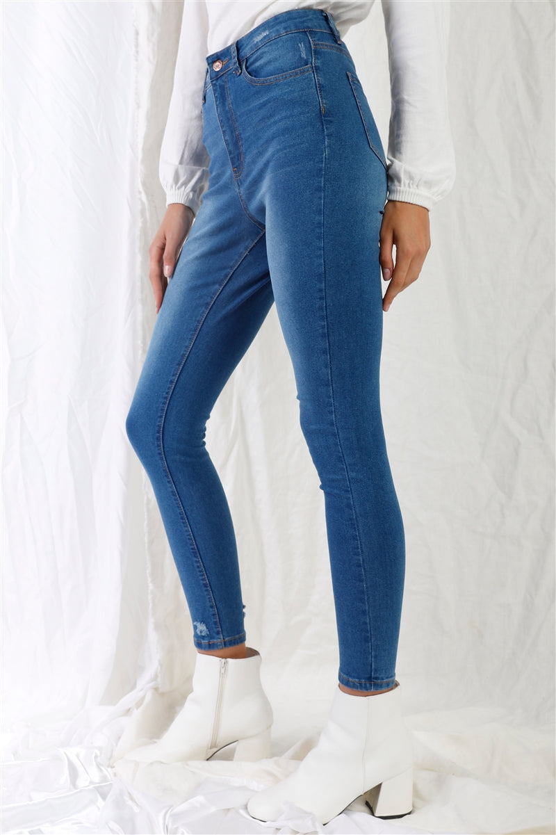 Mid Blue High-waisted With Rips Skinny Denim Jeans Smile Sparker