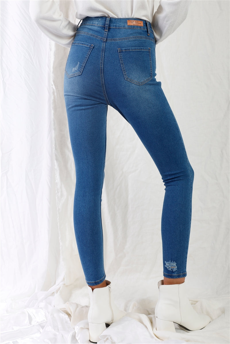 Mid Blue High-waisted With Rips Skinny Denim Jeans Smile Sparker