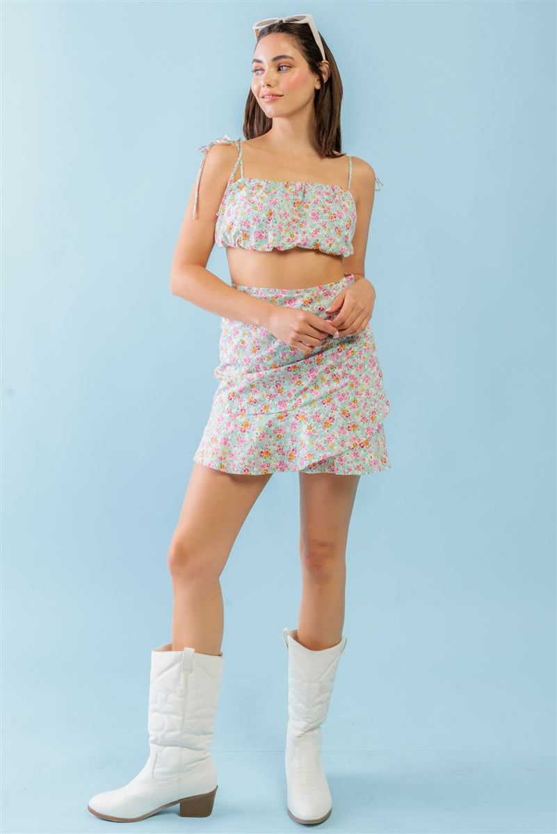 Mint Fuchsia Print Cotton Sleeveless Strappy Crop Top & High Waist Wrap Hem Mini Skirt Set Smile Sparker