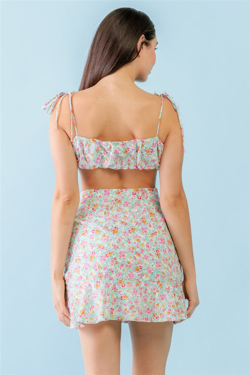 Mint Fuchsia Print Cotton Sleeveless Strappy Crop Top & High Waist Wrap Hem Mini Skirt Set Smile Sparker