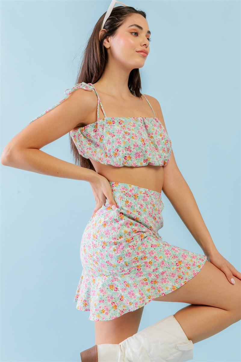 Mint Fuchsia Print Cotton Sleeveless Strappy Crop Top & High Waist Wrap Hem Mini Skirt Set Smile Sparker