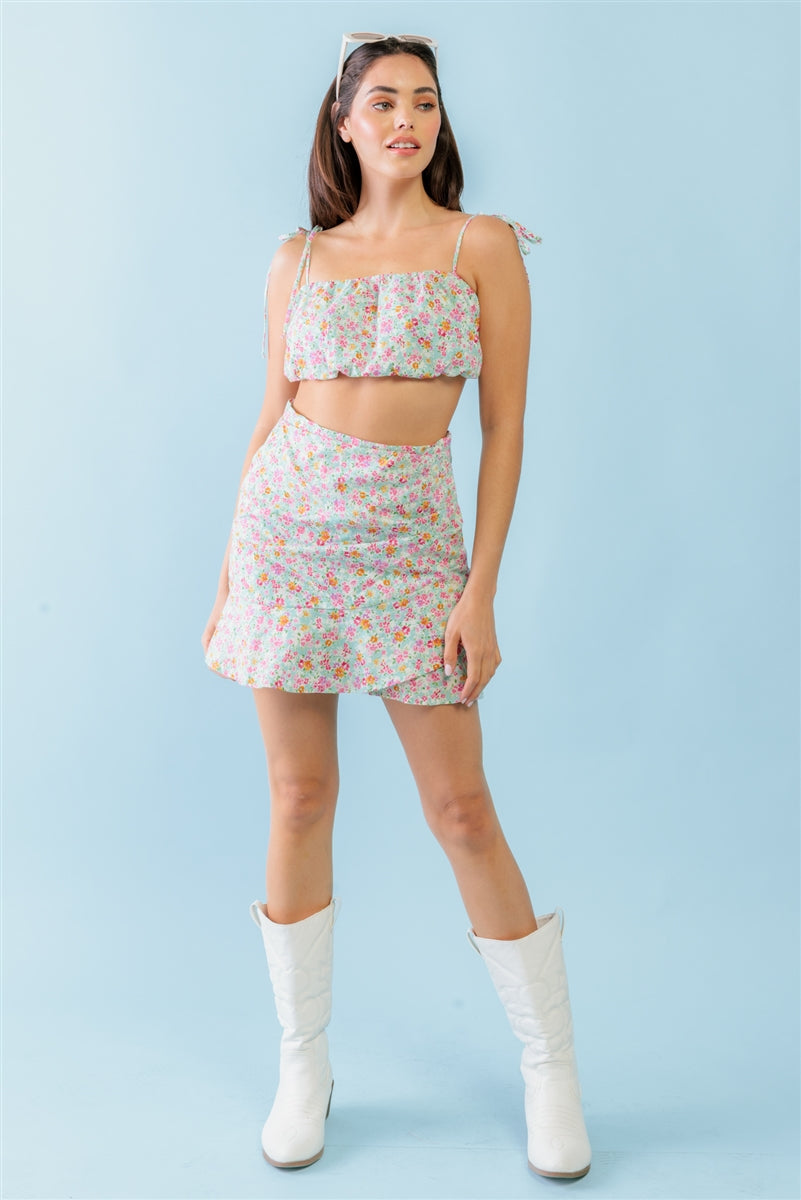 Mint Fuchsia Print Cotton Sleeveless Strappy Crop Top & High Waist Wrap Hem Mini Skirt Set Smile Sparker