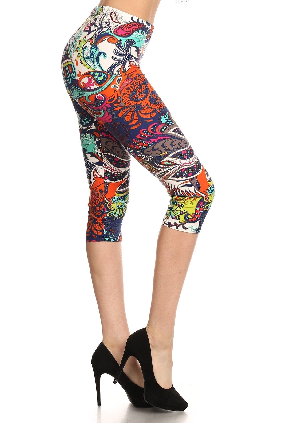 Multi-color Ornate Print Cropped Length Fitted Leggings With High Elastic Waist. Smile Sparker