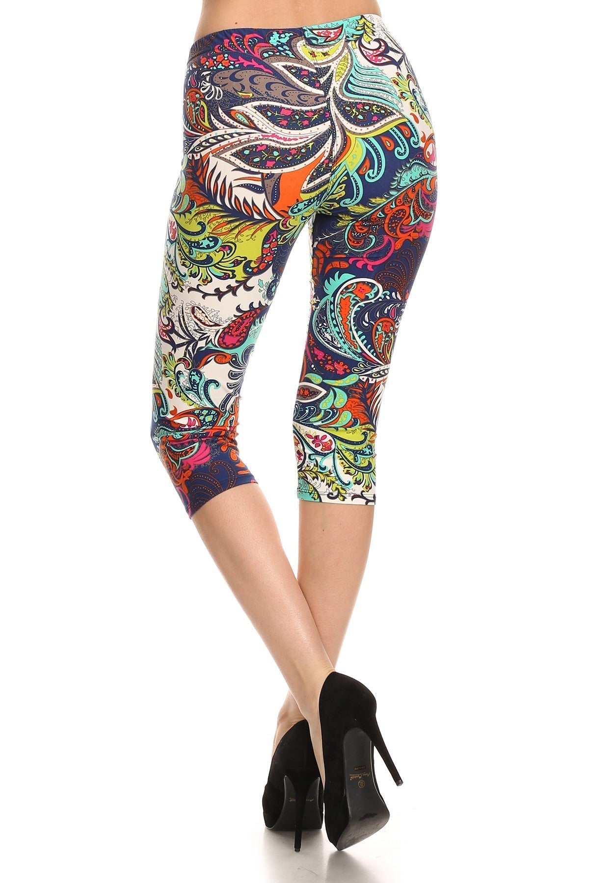 Multi-color Ornate Print Cropped Length Fitted Leggings With High Elastic Waist. Smile Sparker