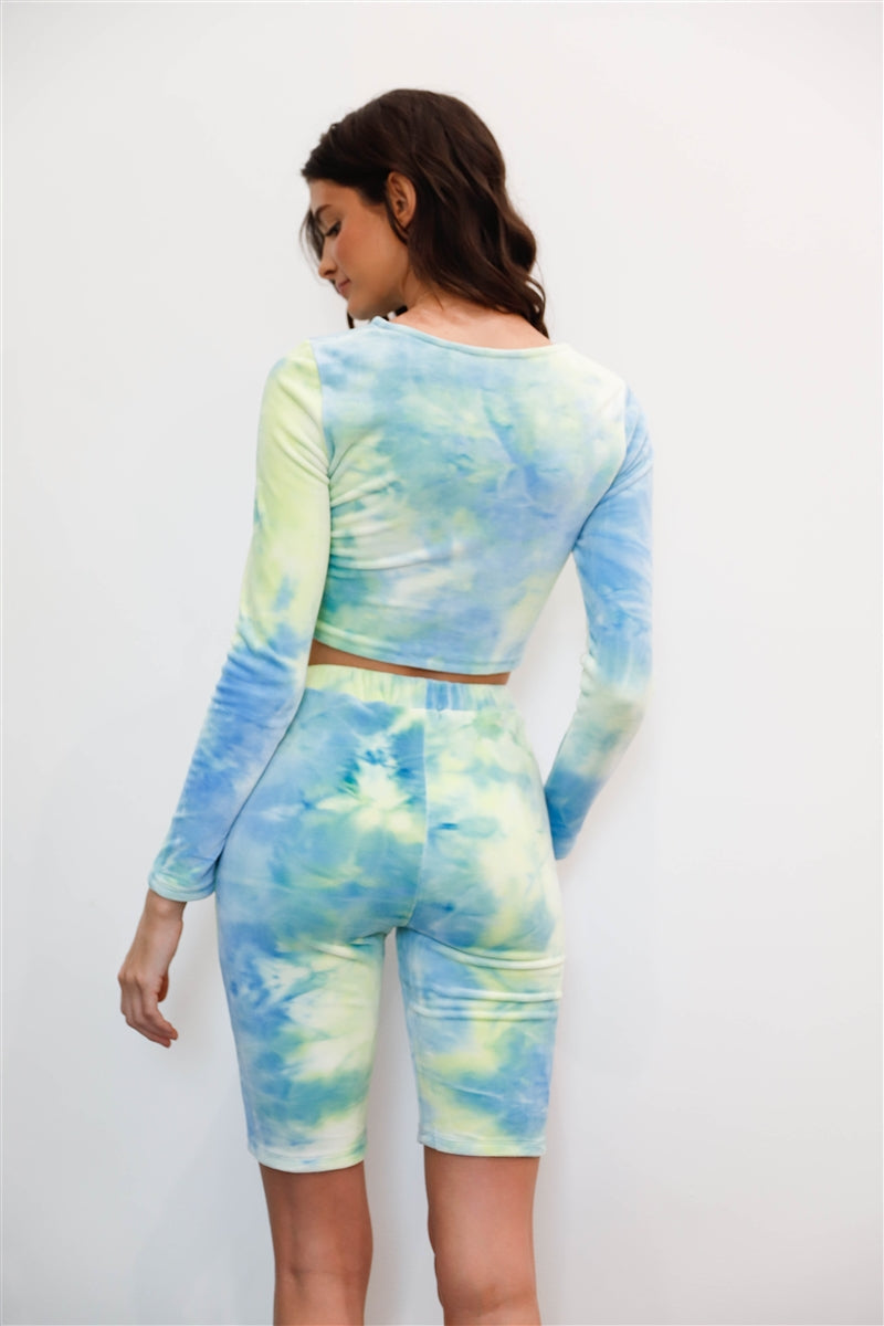 Multicolor Tie-dye Velvet Cropped Long Sleeve Top & Bike Shorts Set Smile Sparker