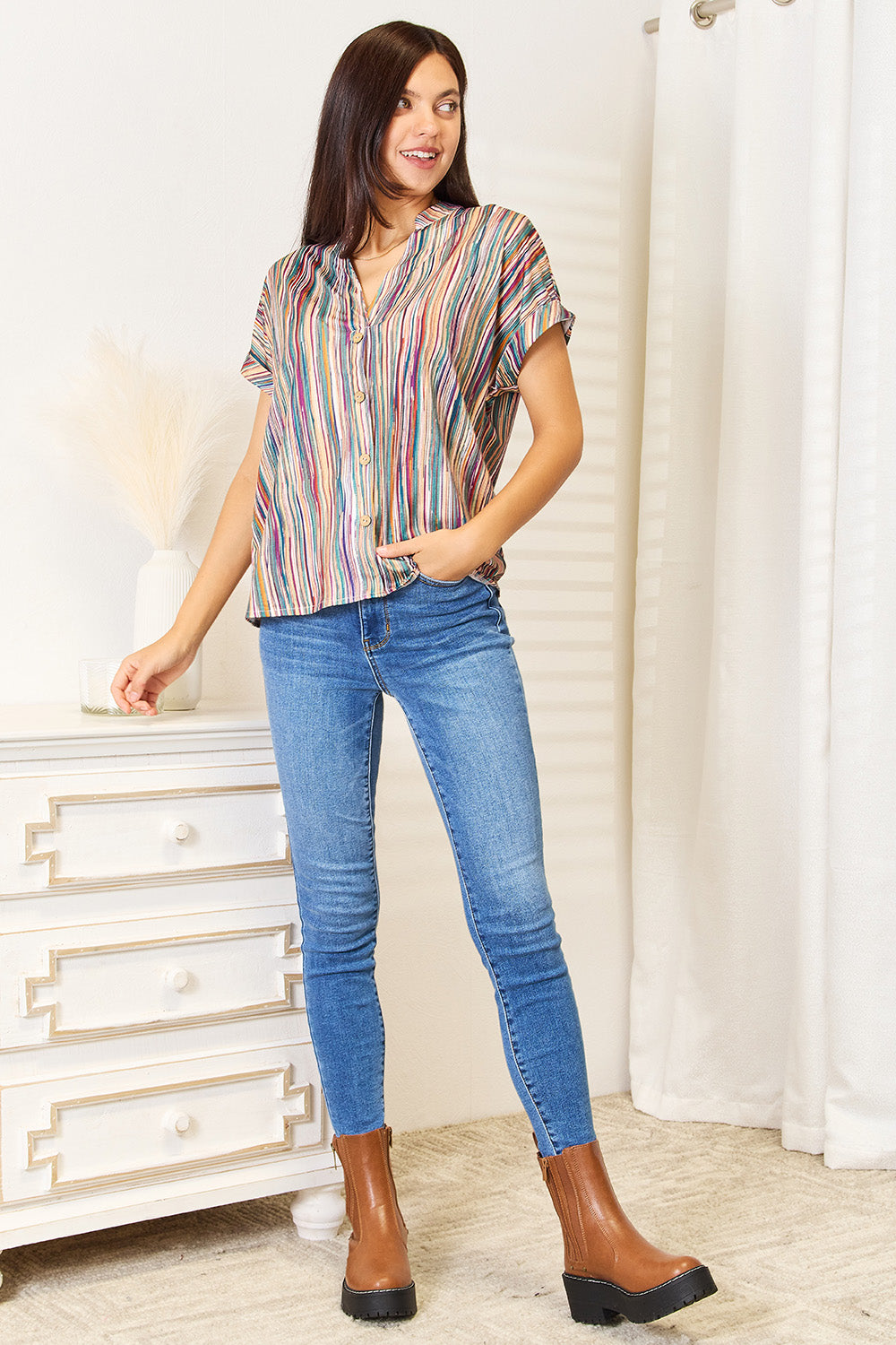 Multicolored Stripe Notched Neck Top - TOPS - Multi