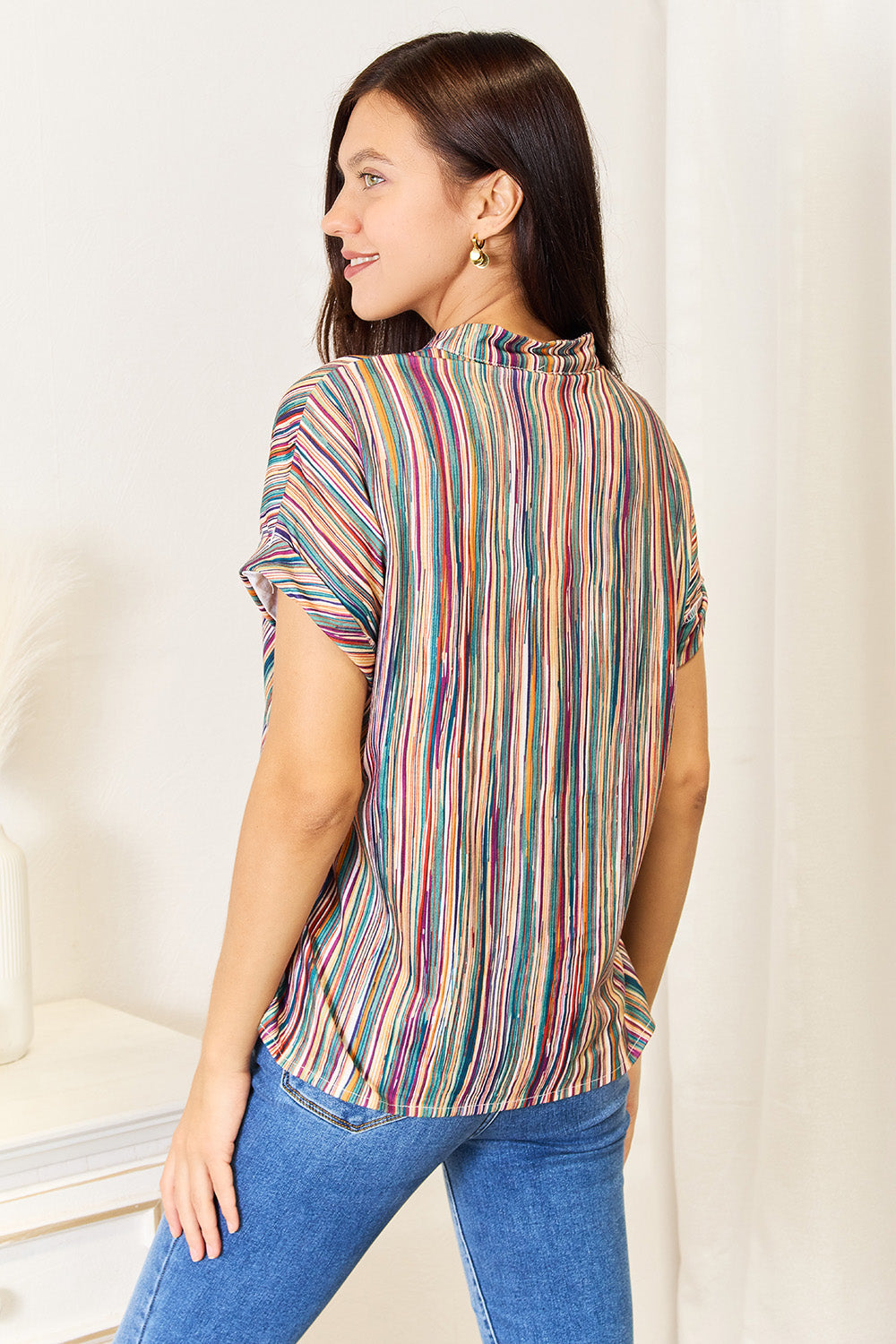 Multicolored Stripe Notched Neck Top - TOPS - Multi