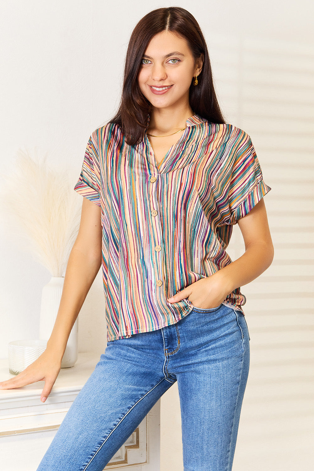Multicolored Stripe Notched Neck Top - TOPS - Multi