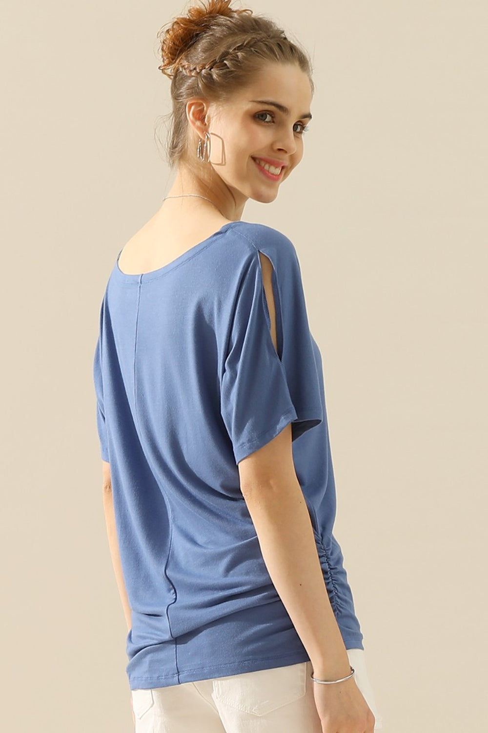 Ninexis Boat Neck Short Sleeve Ruched Side Top - TOPS - Mixed