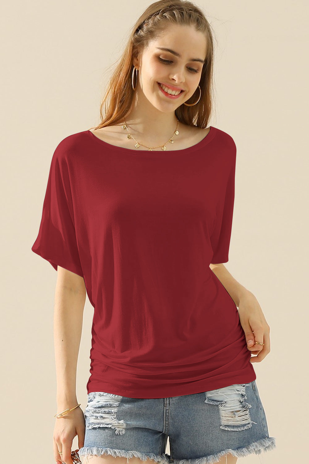 Ninexis Boat Neck Short Sleeve Ruched Side Top - TOPS - Mixed