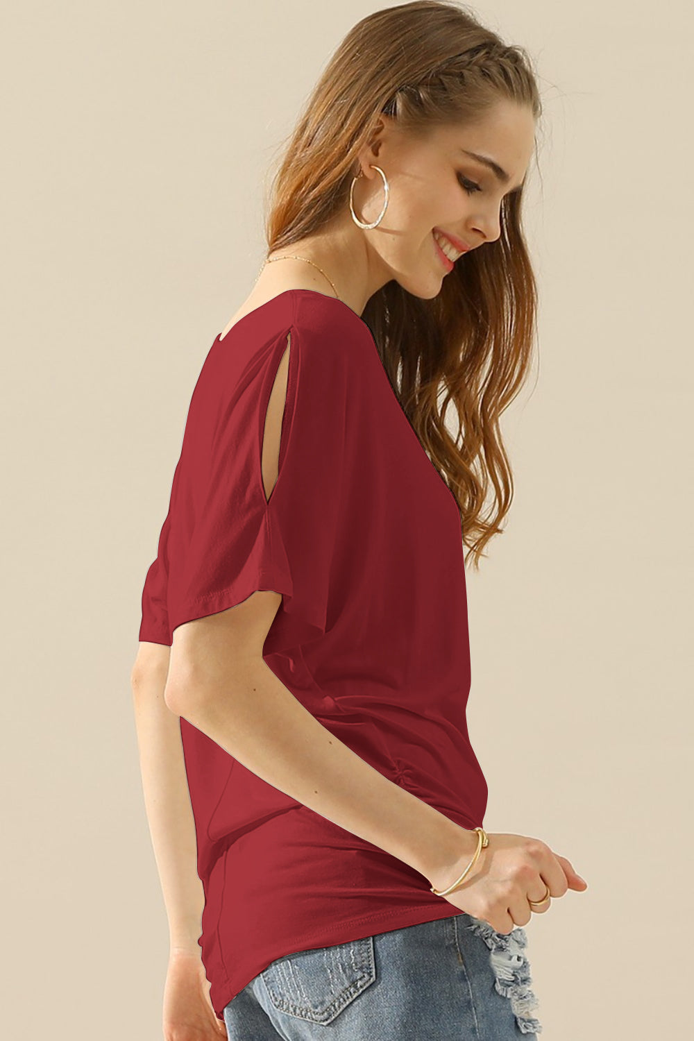 Ninexis Boat Neck Short Sleeve Ruched Side Top - TOPS - Mixed