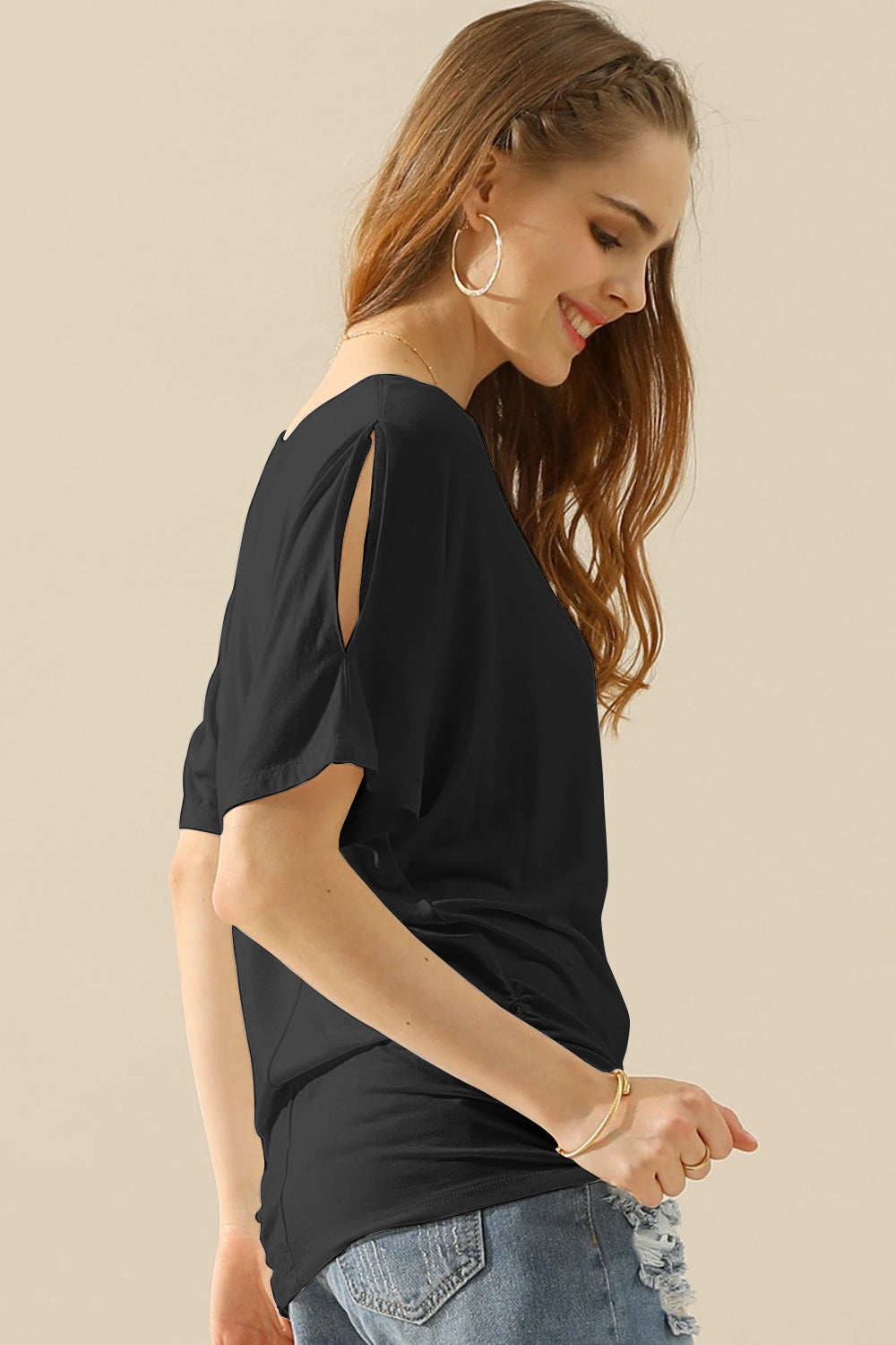 Ninexis Boat Neck Short Sleeve Ruched Side Top - TOPS - Mixed