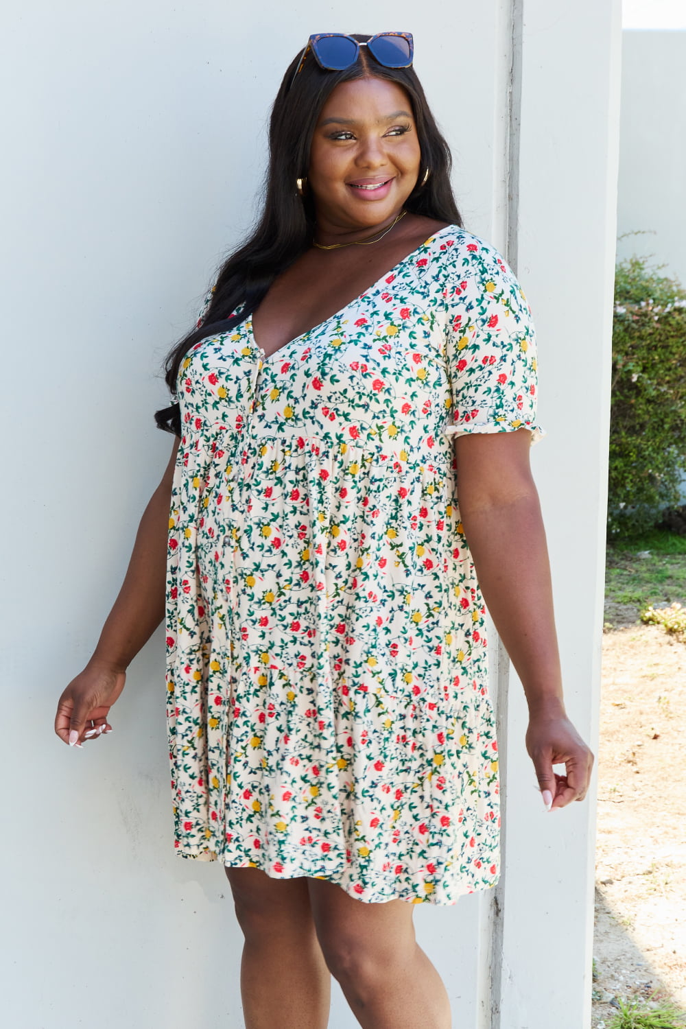 Ninexis Follow Me Full Size V-Neck Ruffle Sleeve Floral Dress - DRESSES - Floral print