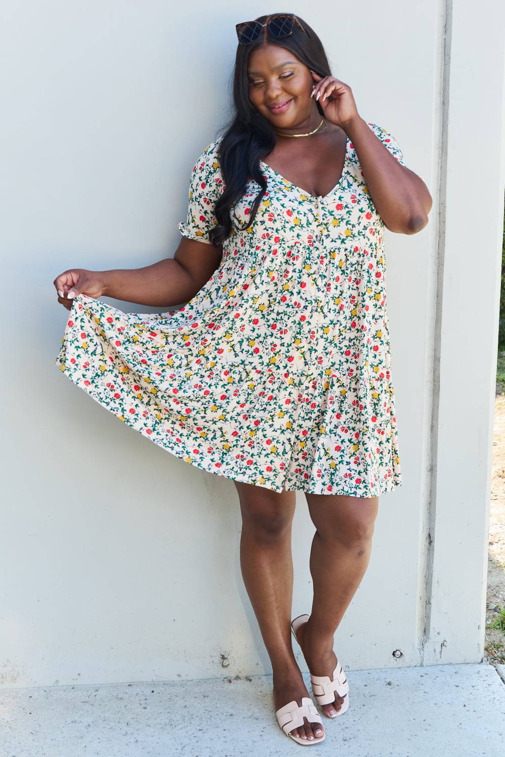 Ninexis Follow Me Full Size V-Neck Ruffle Sleeve Floral Dress - DRESSES - Floral print