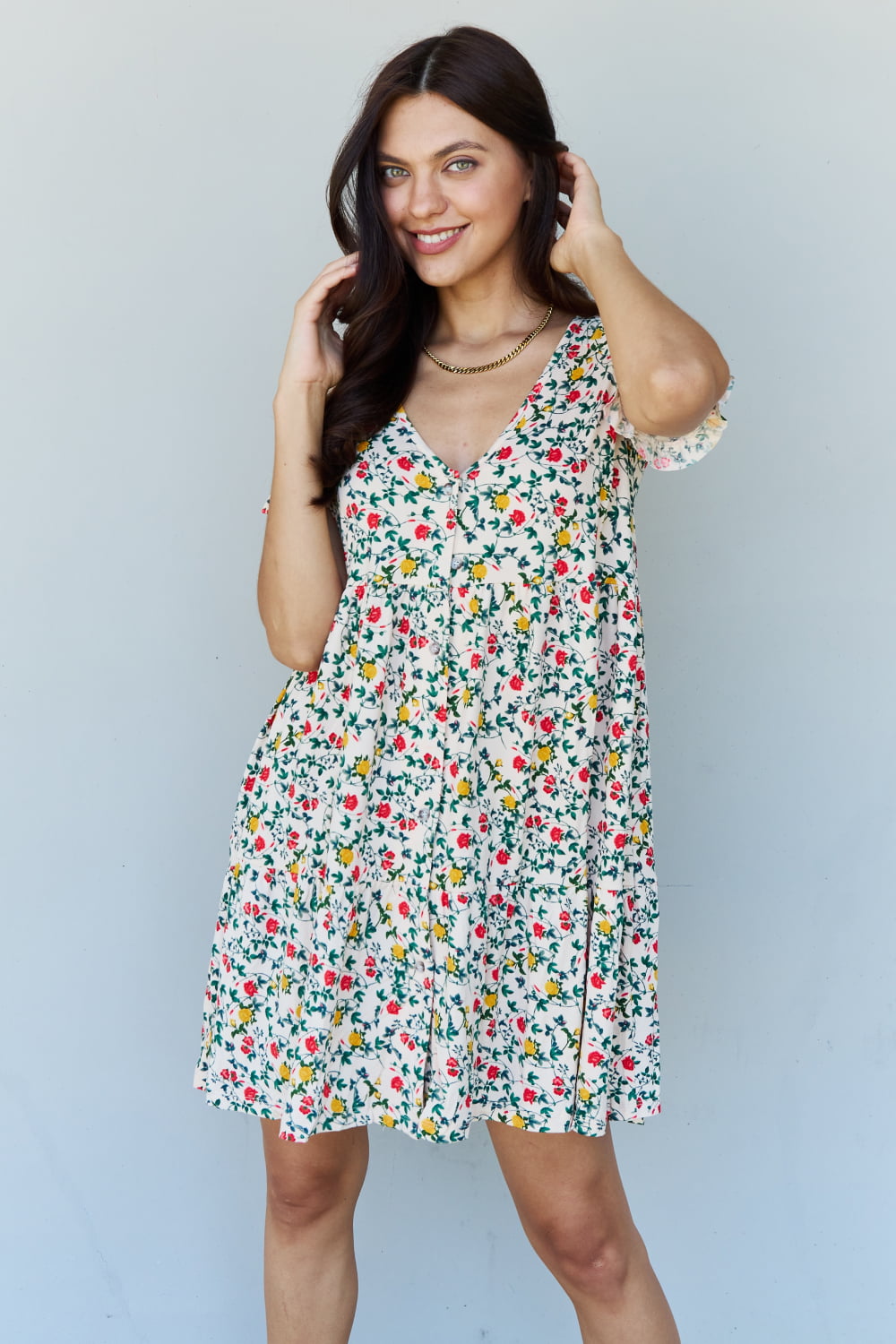 Ninexis Follow Me Full Size V-Neck Ruffle Sleeve Floral Dress - DRESSES - Floral print