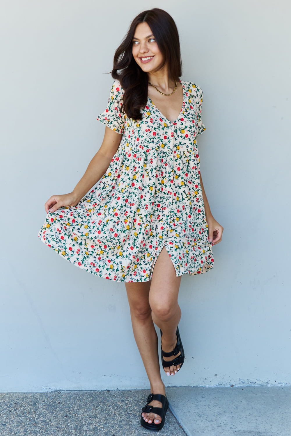 Ninexis Follow Me Full Size V-Neck Ruffle Sleeve Floral Dress - Floral / S - DRESSES - Floral print