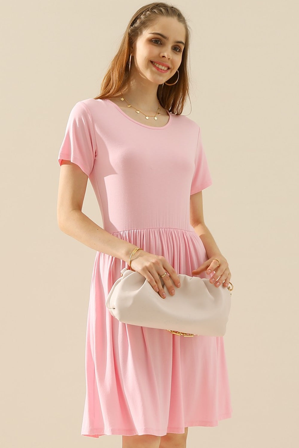 Ninexis Full Size Round Neck Ruched Dress with Pockets - DRESSES - Mixed
