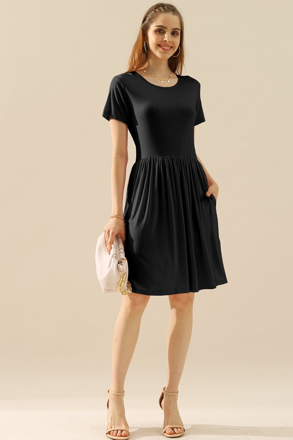 Ninexis Full Size Round Neck Ruched Dress with Pockets - DRESSES - Mixed